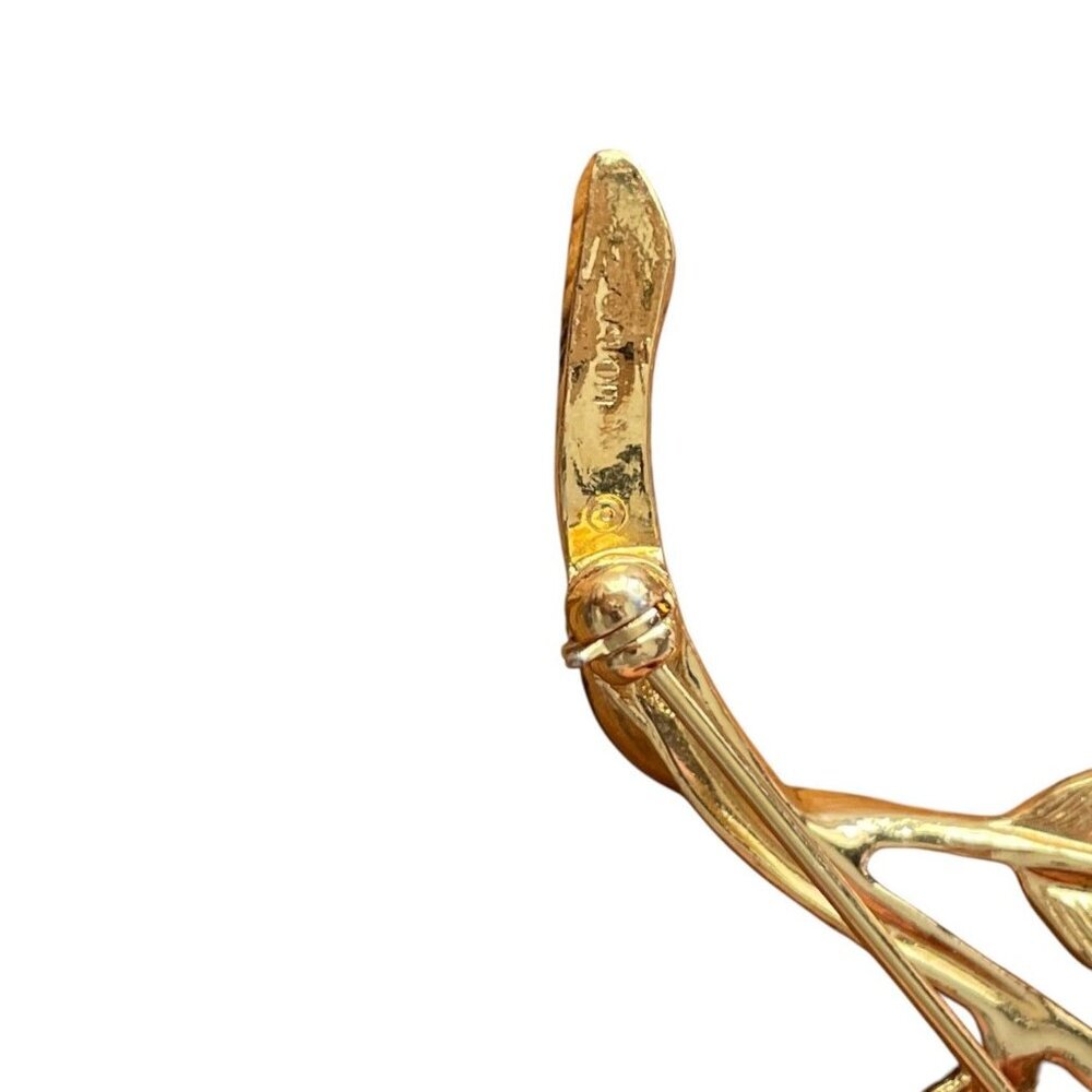 Vintage Avon Gold Tone Pink Porcelain Rose Bud on Stem Signed Pin Brooch - Picture 5 of 6